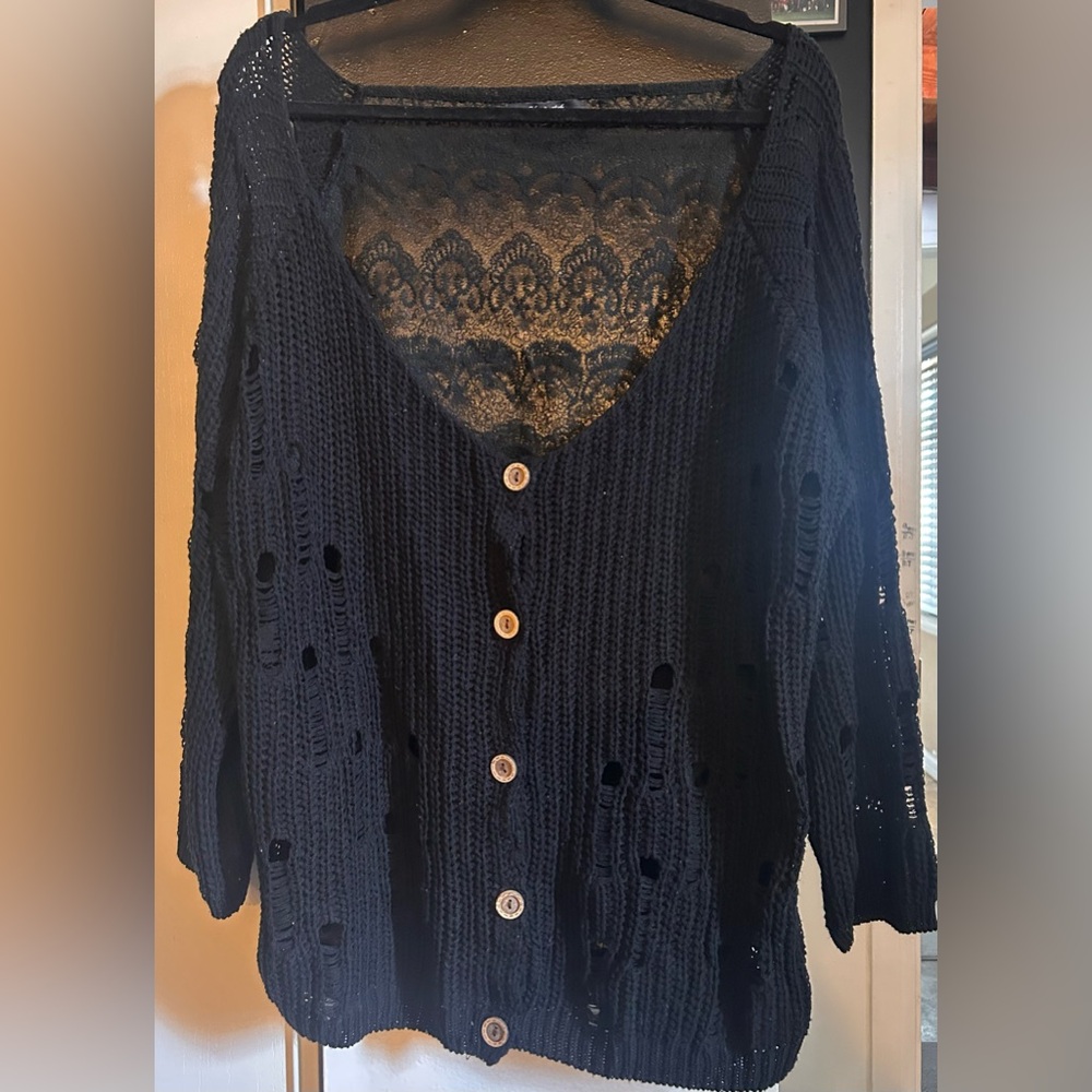 Women's Black Knit Sweater Cardigan with Lace Detail. Curve plus